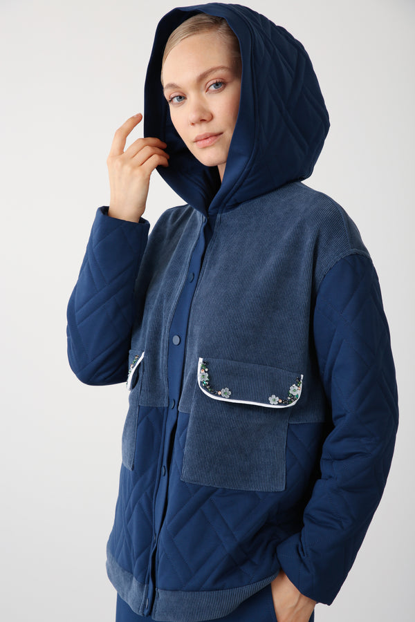 Wholesale Premium Quilted Fabric Pocket Embellished Detailed Jacket - Indigo