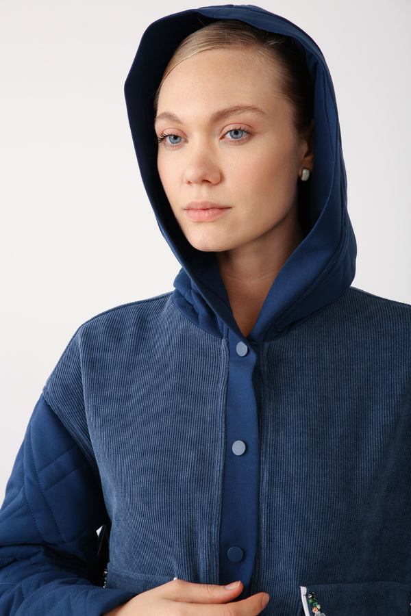 Wholesale Premium Quilted Fabric Pocket Embellished Detailed Jacket - Indigo