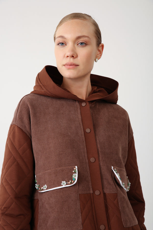 Wholesale Premium Quilted Fabric Pocket Embellished Detailed Jacket - Brown