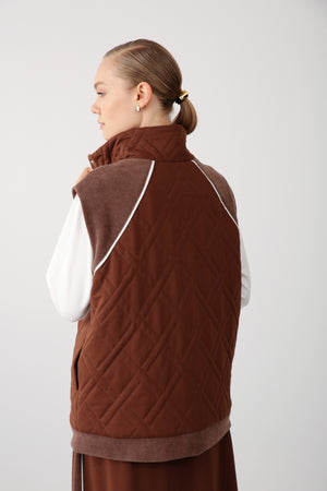 Wholesale Two Thread Quilted Detailed High Collar Vest – Brown