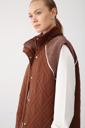 Wholesale Two Thread Quilted Detailed High Collar Vest – Brown