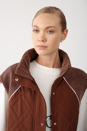 Wholesale Two Thread Quilted Detailed High Collar Vest – Brown