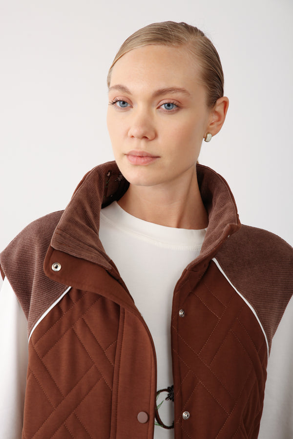 Wholesale Two Thread Quilted Detailed High Collar Vest – Brown