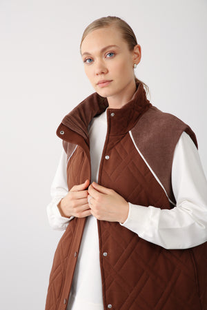 Wholesale Two Thread Quilted Detailed High Collar Vest – Brown