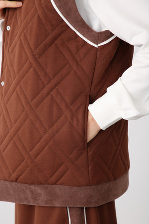 Wholesale Two Thread Quilted Detailed High Collar Vest – Brown
