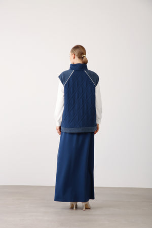 Wholesale Two Thread Fabric Contrast Side Detailed Long Skirt – Indigo