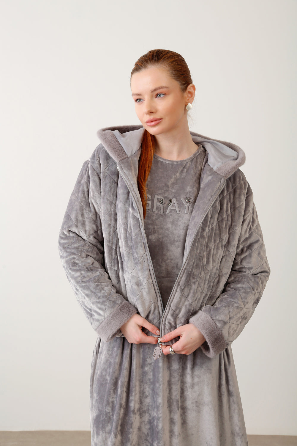 Wholesale Velvet Fabric Quilted Jacket Detailed Dress Set – Grey