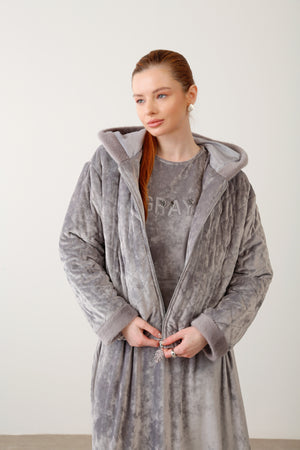 Wholesale Velvet Fabric Quilted Jacket Detailed Dress Set – Grey