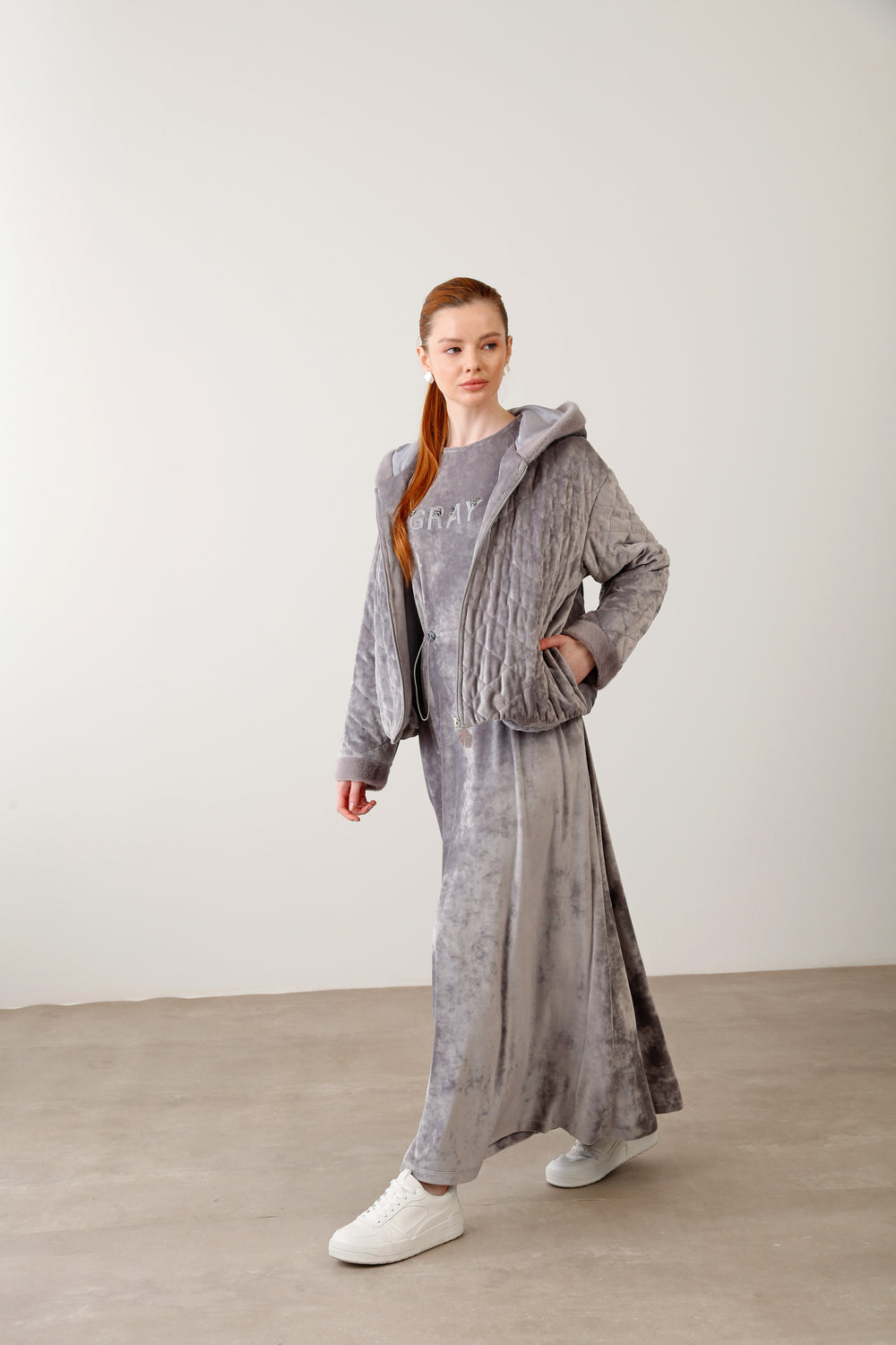 Wholesale Velvet Fabric Quilted Jacket Detailed Dress Set – Grey