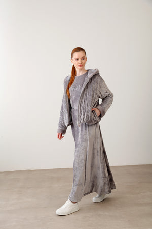 Wholesale Velvet Fabric Quilted Jacket Detailed Dress Set – Grey