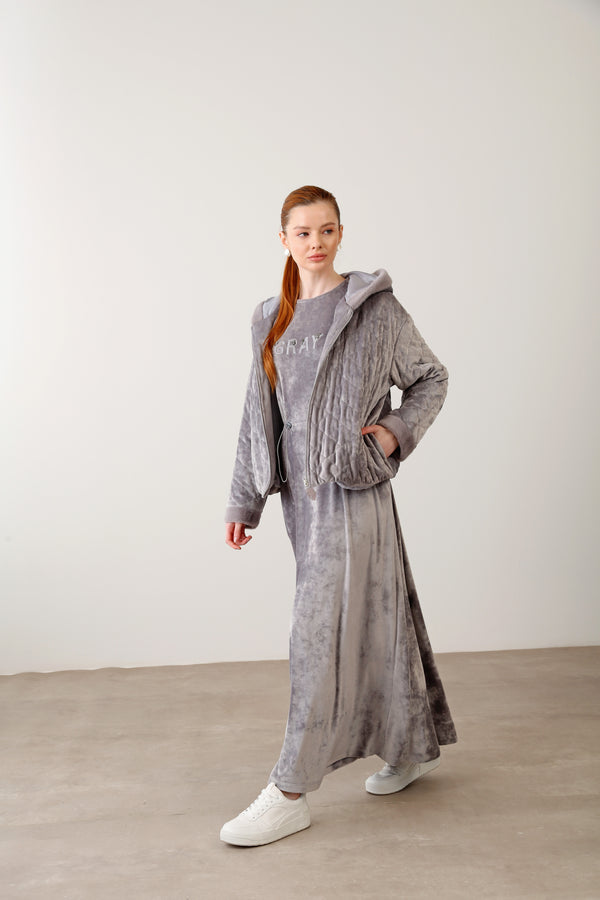 Wholesale Velvet Fabric Quilted Jacket Detailed Dress Set – Grey